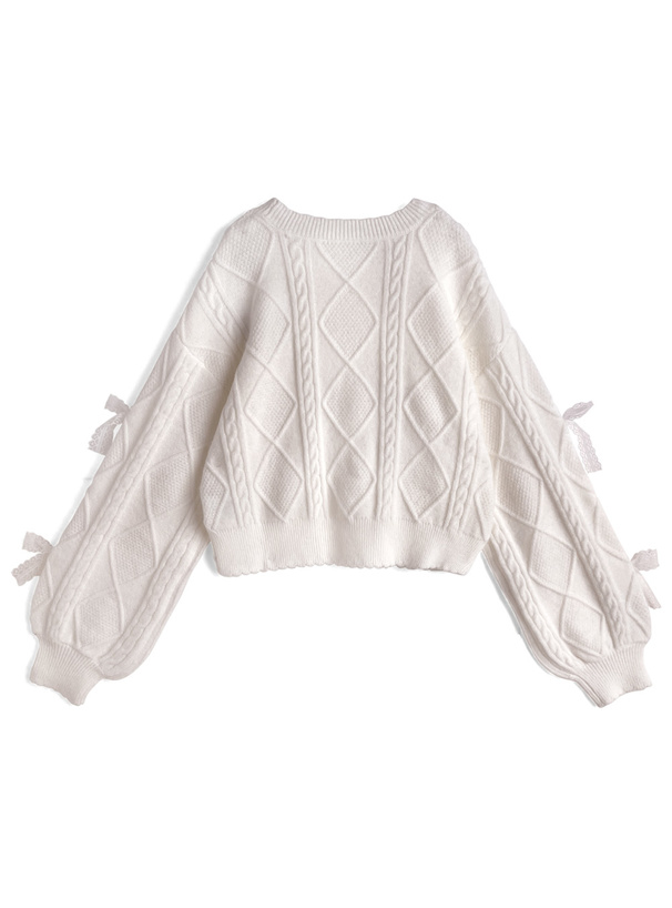 新品【エムズグレイシー】ニットカーディガン　ケーブル　リボン　パフスリーブ　白 新品【エムズグレイシー】ニットカーディガン ケーブル リボン