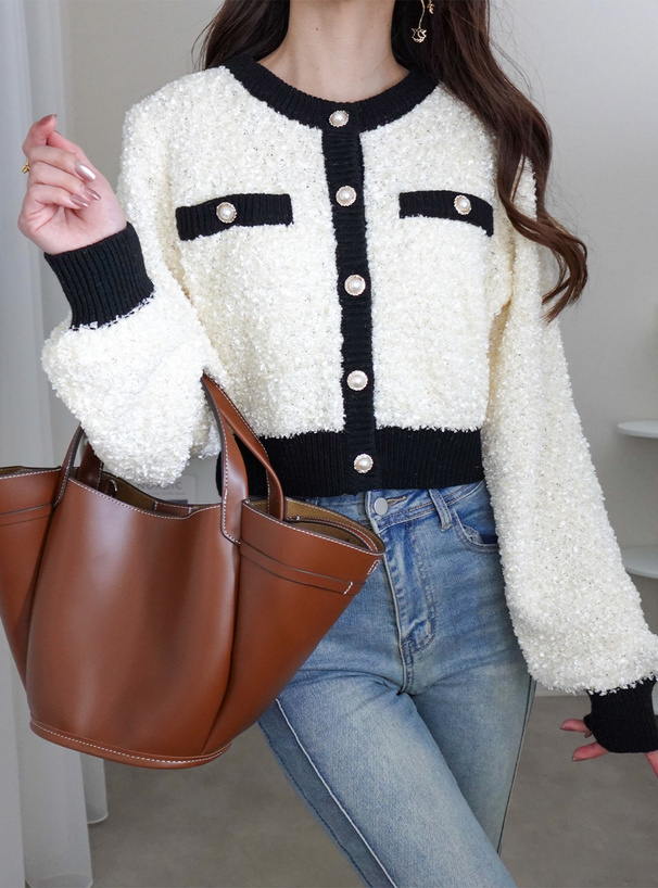 パールボタン配色ニットカーディガン