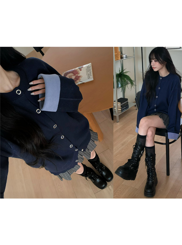 リングボタン配色ロングニットカーディガン