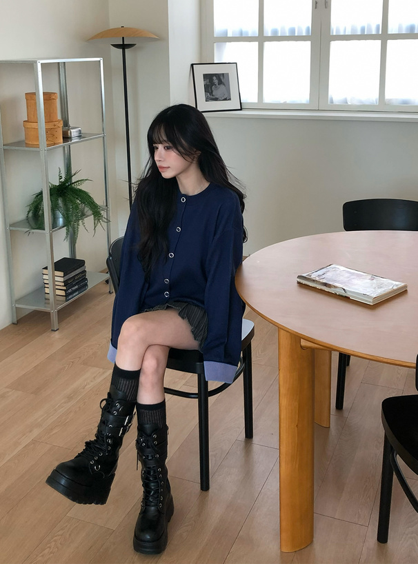 リングボタン配色ロングニットカーディガン