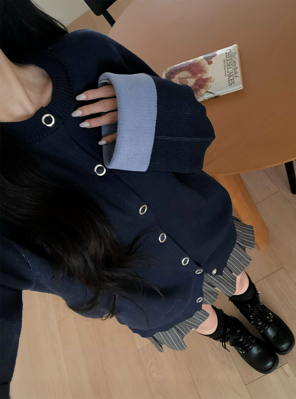 リングボタン配色ロングニットカーディガン