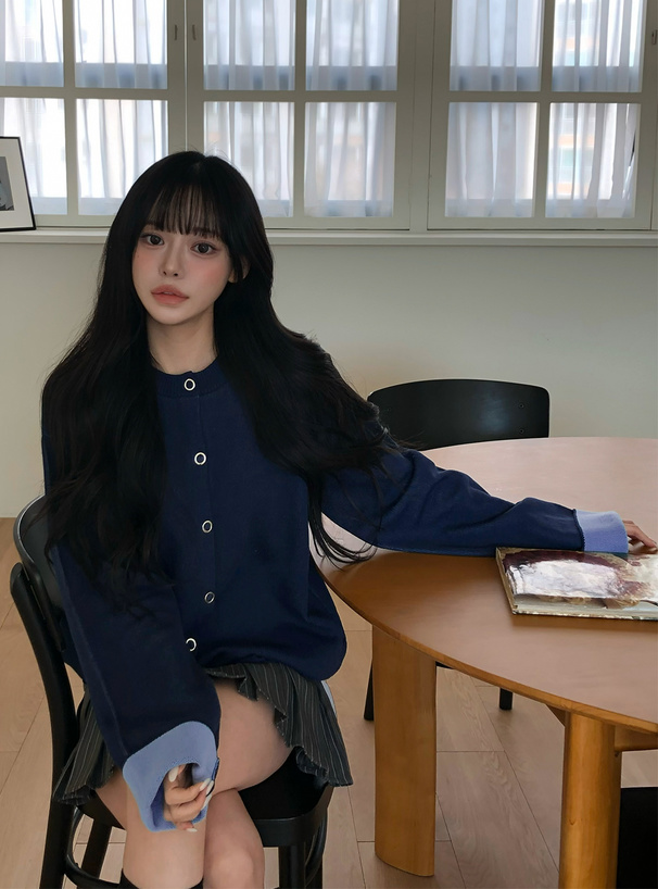 リングボタン配色ロングニットカーディガン