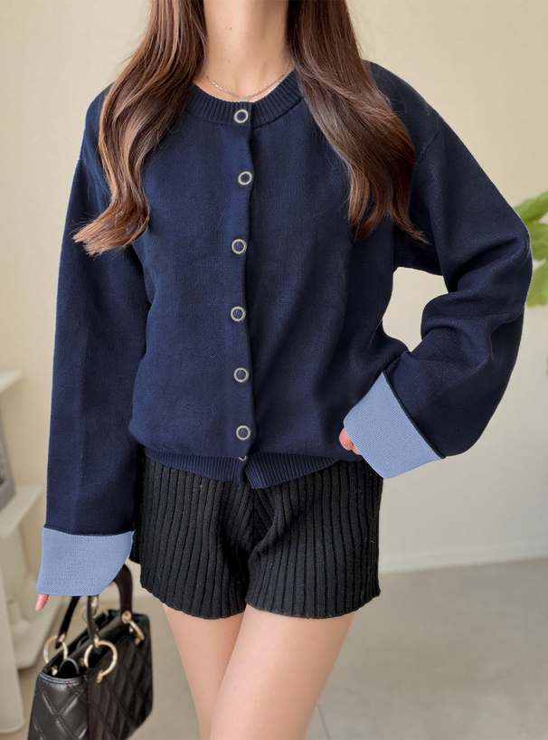 リングボタン配色ロングニットカーディガン