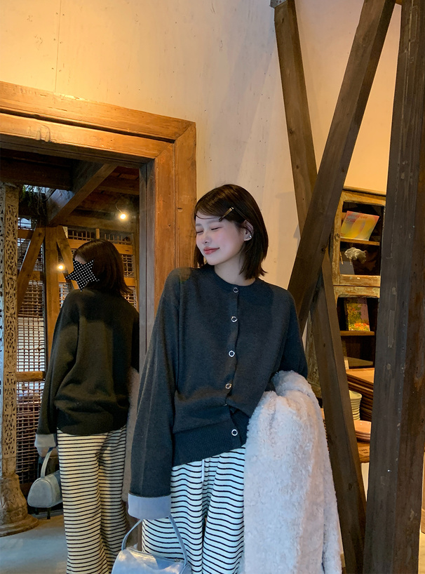 リングボタン配色ロングニットカーディガン