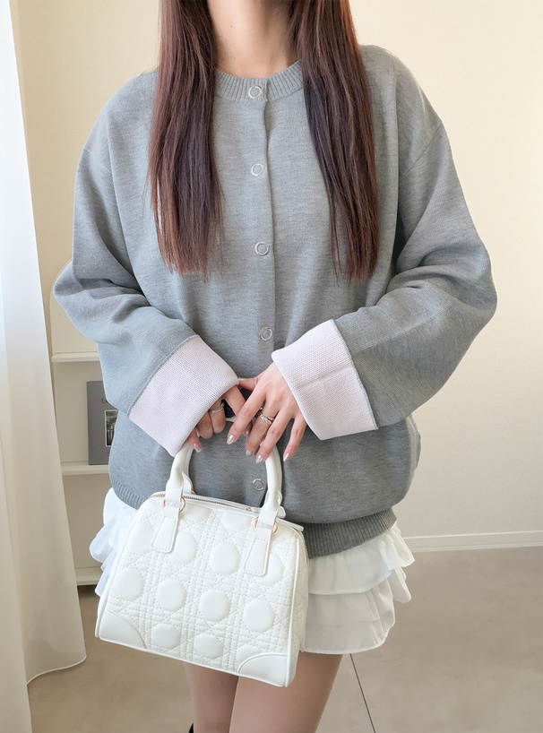 リングボタン配色ロングニットカーディガン