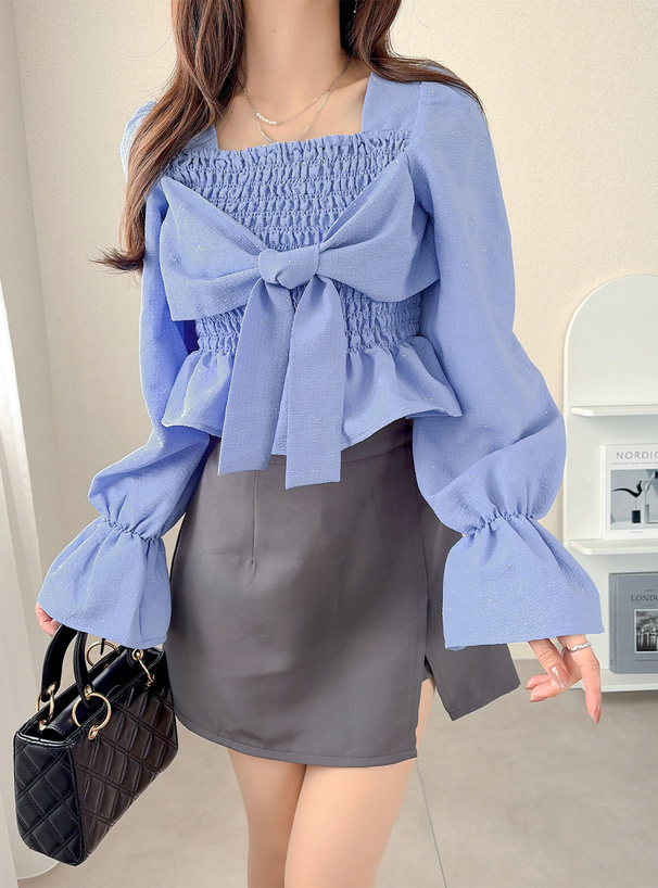 リボンシャーリングラインストーントップス