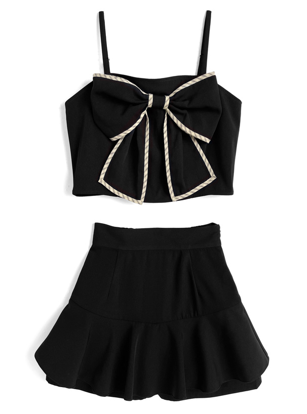 チェック柄パイピングビッグリボンビスチェ×フレアスカートパンツセットアップ