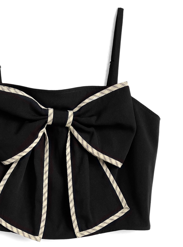 チェック柄パイピングビッグリボンビスチェ×フレアスカートパンツセットアップ