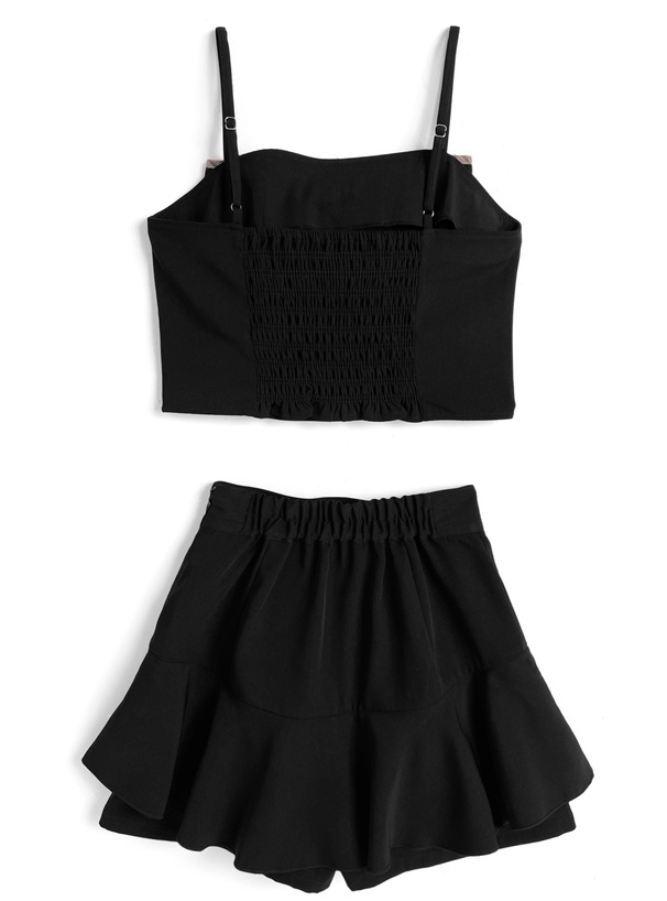 チェック柄パイピングビッグリボンビスチェ×フレアスカートパンツセットアップ