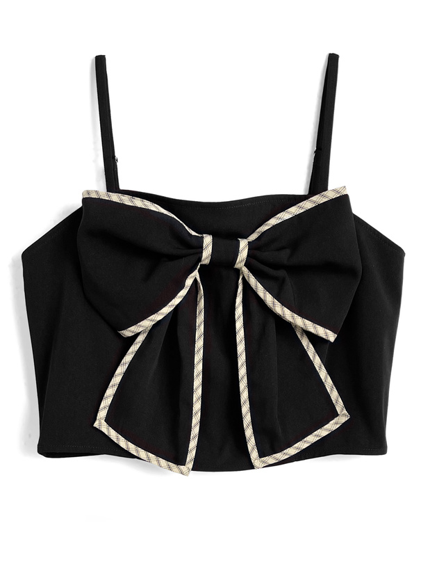 チェック柄パイピングビッグリボンビスチェ×フレアスカートパンツセットアップ