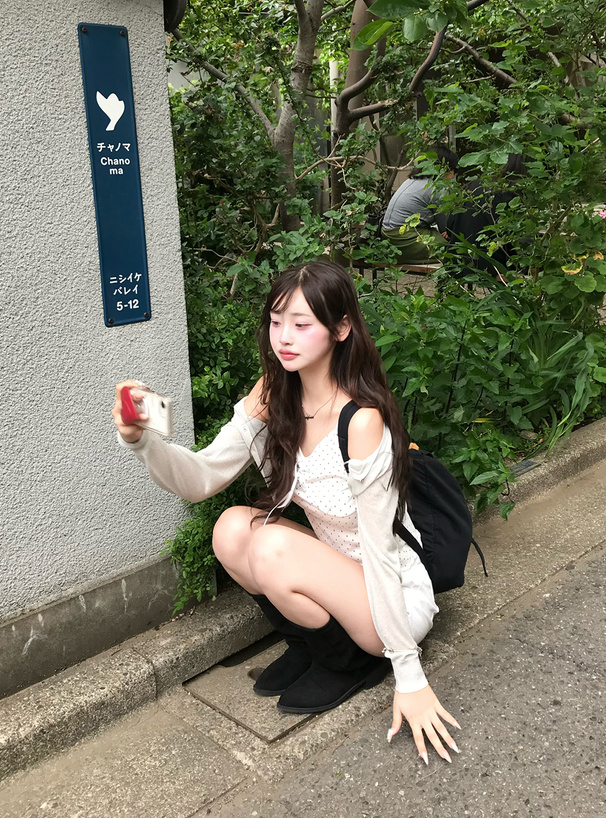 ドット柄ギャザーリボンキャミソール