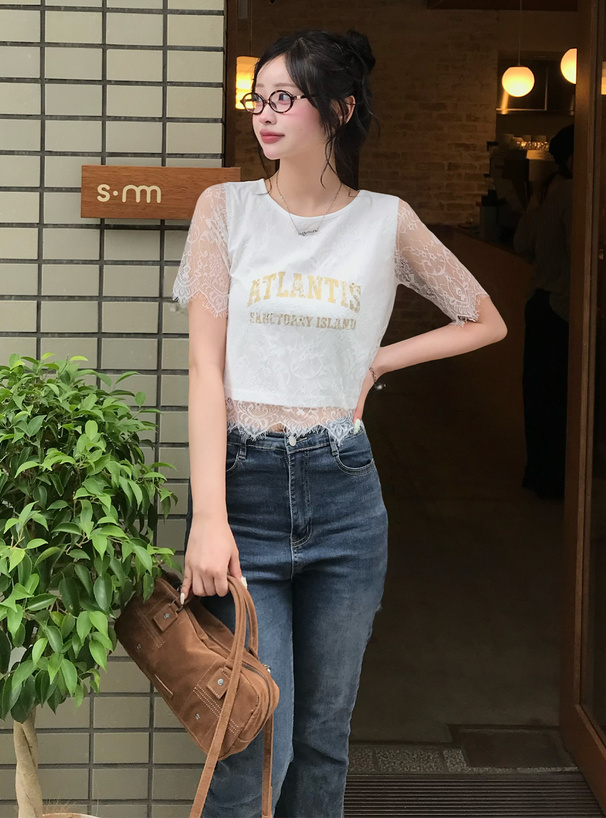 接触冷感メタリックロゴプリントレースTシャツ