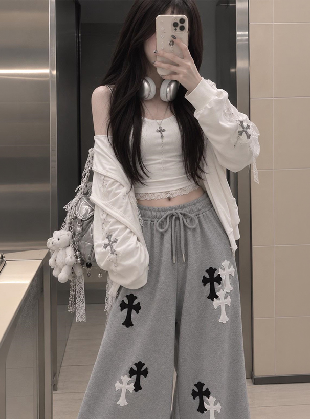 クロスロゴ刺繍ワイドスウェットパンツ