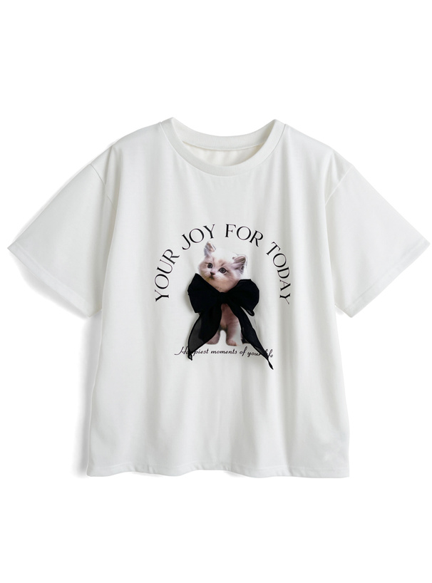 キャットプリントリボンロゴTシャツ