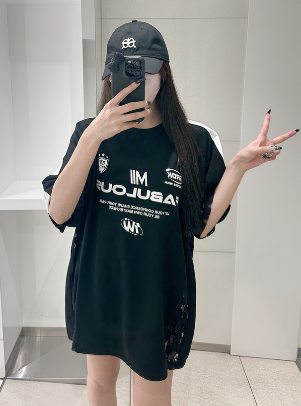 サイドレース配色ラインロゴプリントTシャツ