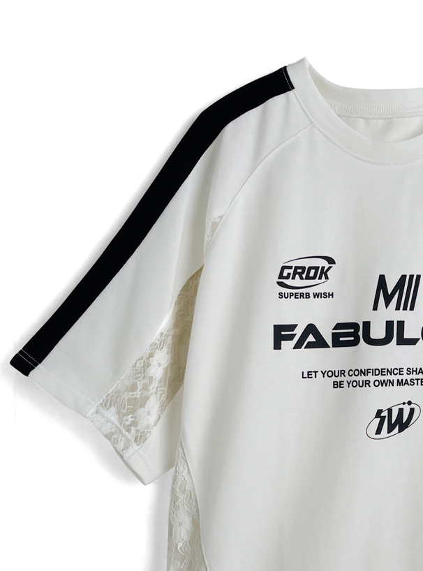 サイドレース配色ラインロゴプリントTシャツ