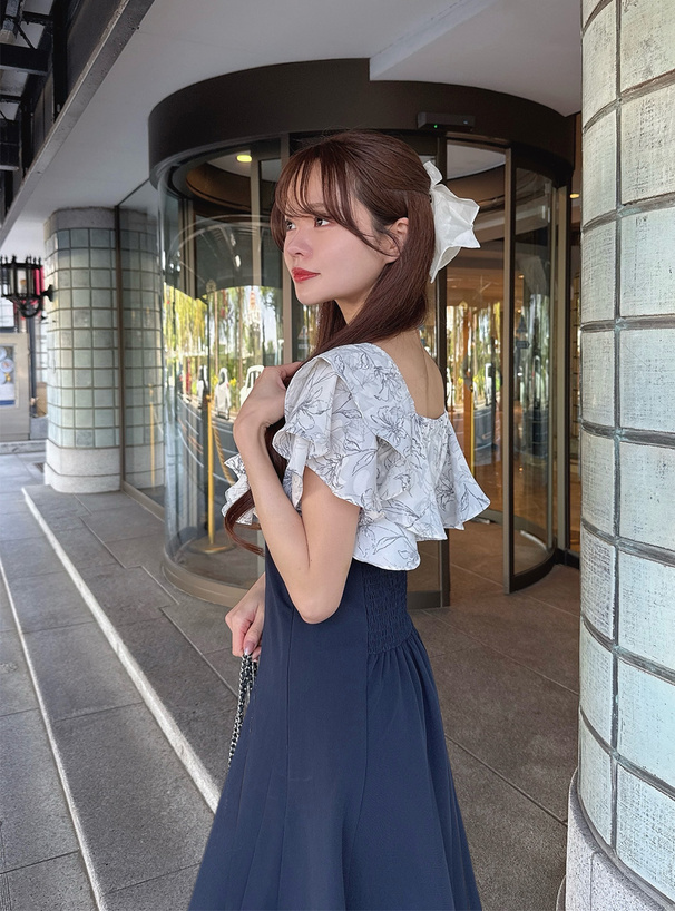 花柄フリルブラウスドッキングフレアワンピース