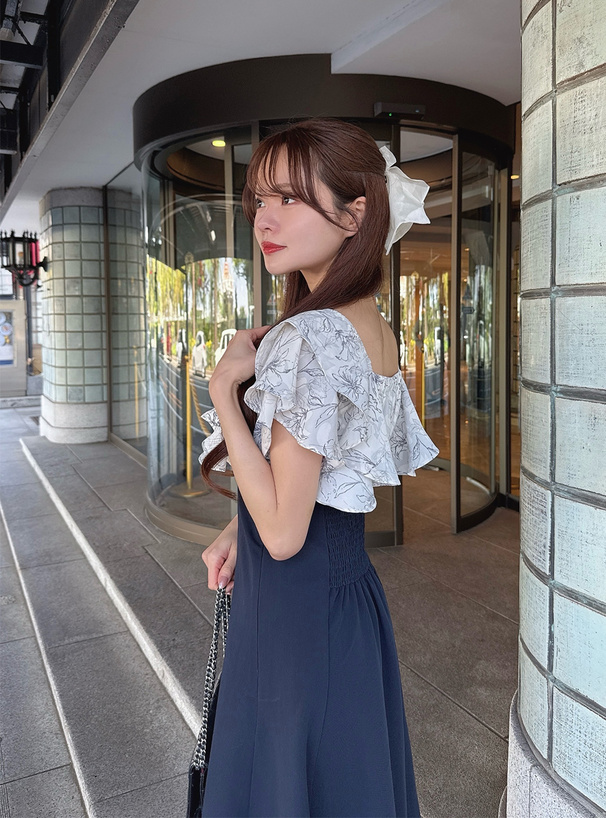 花柄フリルブラウスドッキングフレアワンピース