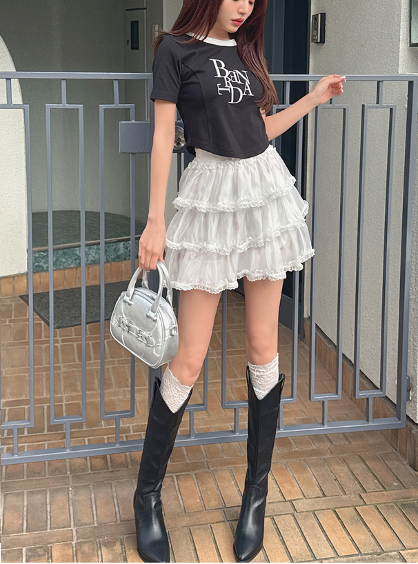 インパン裏地付きレースフリルティアードスカート