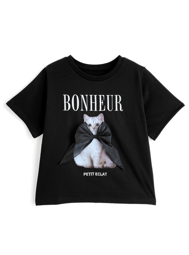 キャットプリントリボンロゴ刺繍Tシャツ