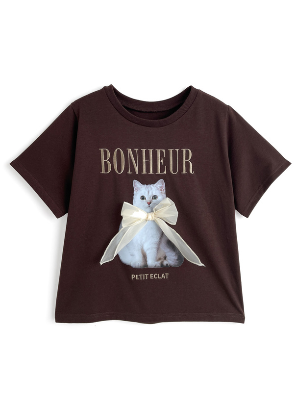 キャットプリントリボンロゴ刺繍Tシャツ