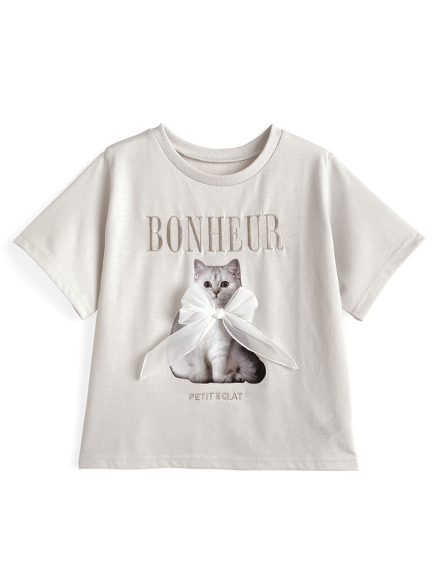 キャットプリントリボンロゴ刺繍Tシャツ