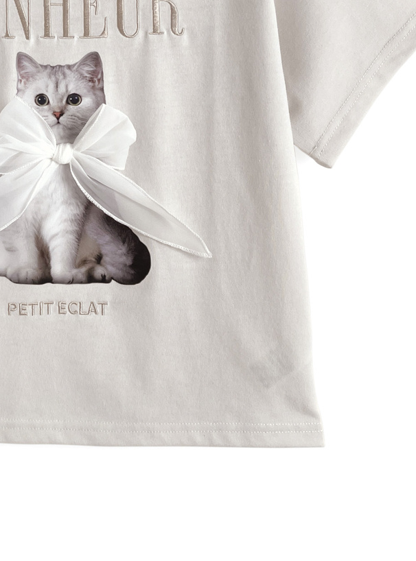 キャットプリントリボンロゴ刺繍Tシャツ