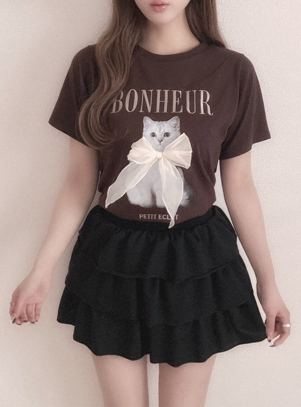 キャットプリントリボンロゴ刺繍Tシャツ