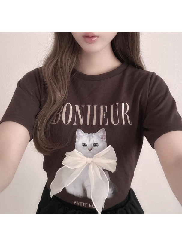 キャットプリントリボンロゴ刺繍Tシャツ