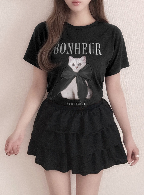 キャットプリントリボンロゴ刺繍Tシャツ