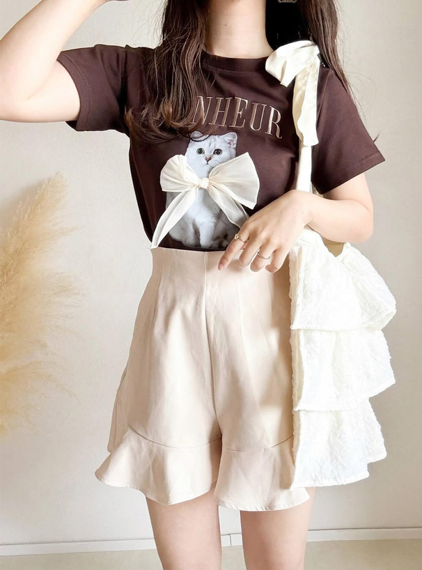 キャットプリントリボンロゴ刺繍Tシャツ