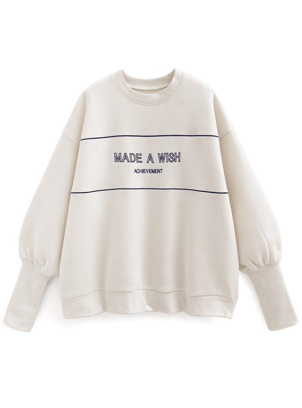 ロゴ刺繍リブスリーブ裏起毛スウェットトップス