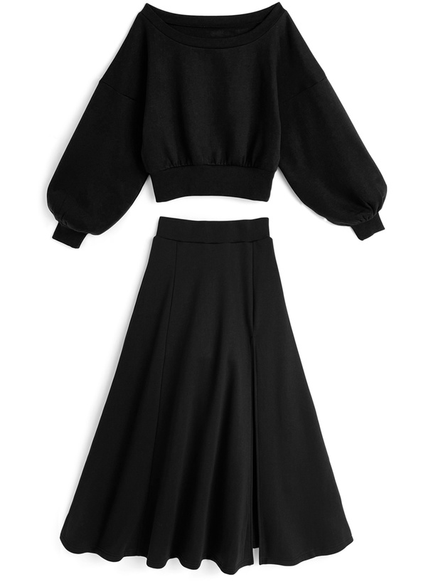 オフショルダースウェット×インパン付きスリットフレアスカートセットアップ