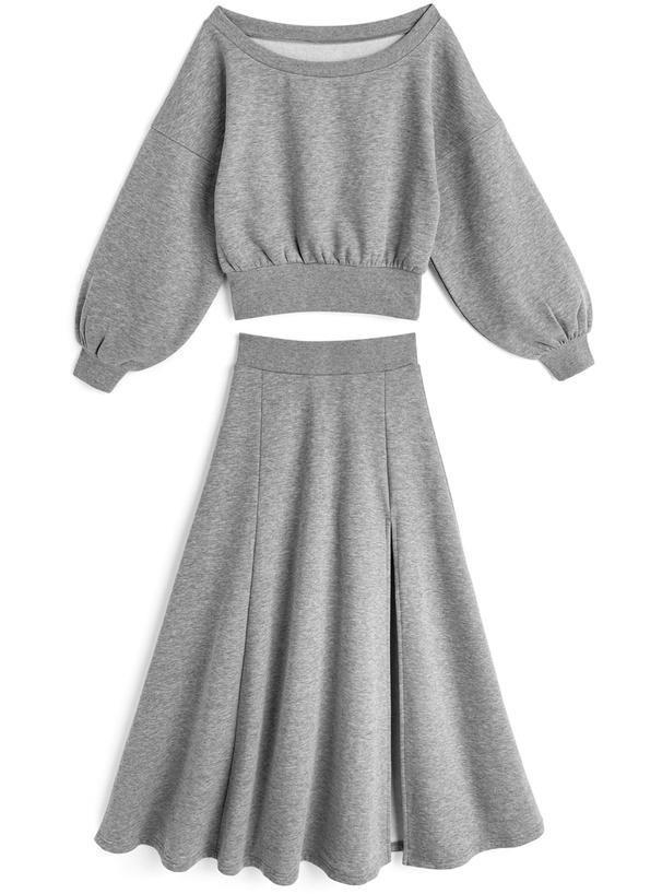 オフショルダースウェット×インパン付きスリットフレアスカートセットアップ