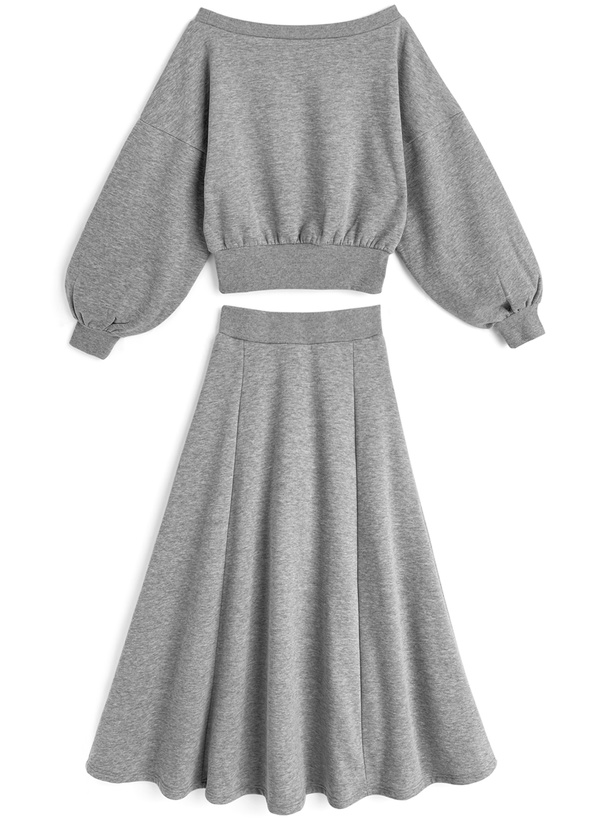 オフショルダースウェット×インパン付きスリットフレアスカートセットアップ