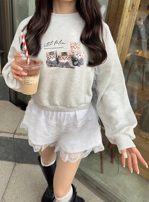 キャットプリントリボンスウェットトップス