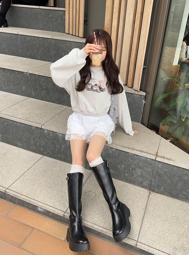 キャットプリントリボンスウェットトップス