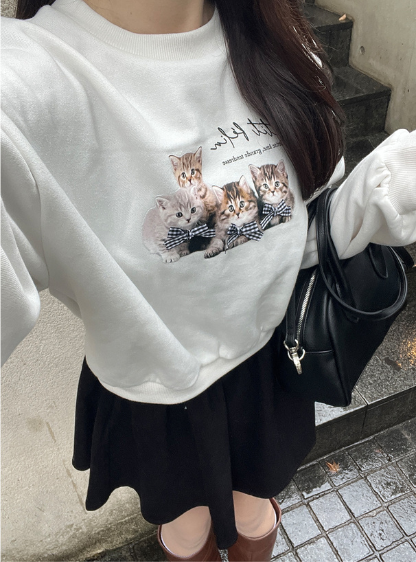 キャットプリントリボンスウェットトップス