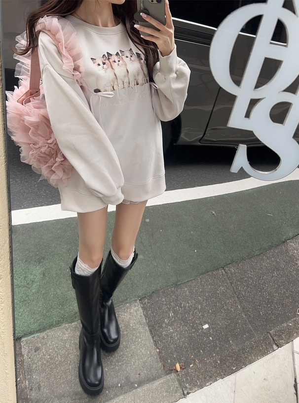 キャットロゴ刺繍リボンスウェットトップス