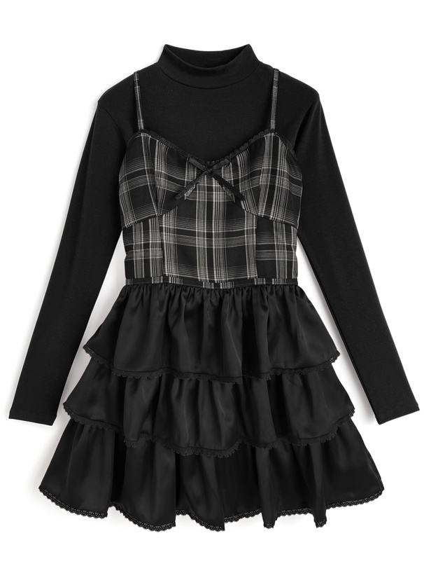 リブニットトップス×チェック柄ティアードキャミワンピースセットアップ