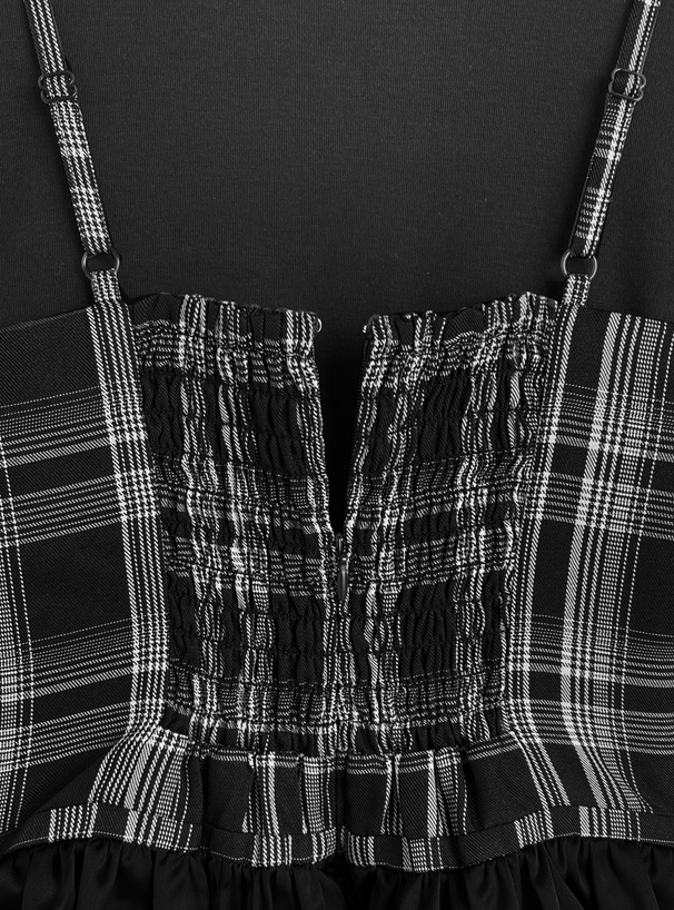 リブニットトップス×チェック柄ティアードキャミワンピースセットアップ