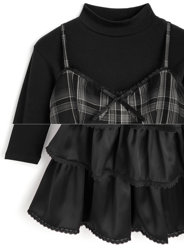 リブニットトップス×チェック柄ティアードキャミワンピースセットアップ