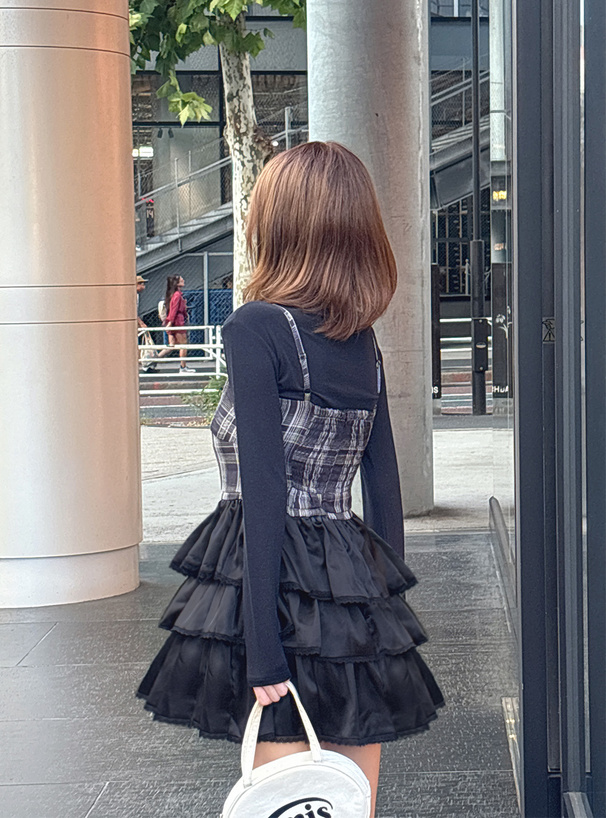 リブニットトップス×チェック柄ティアードキャミワンピースセットアップ