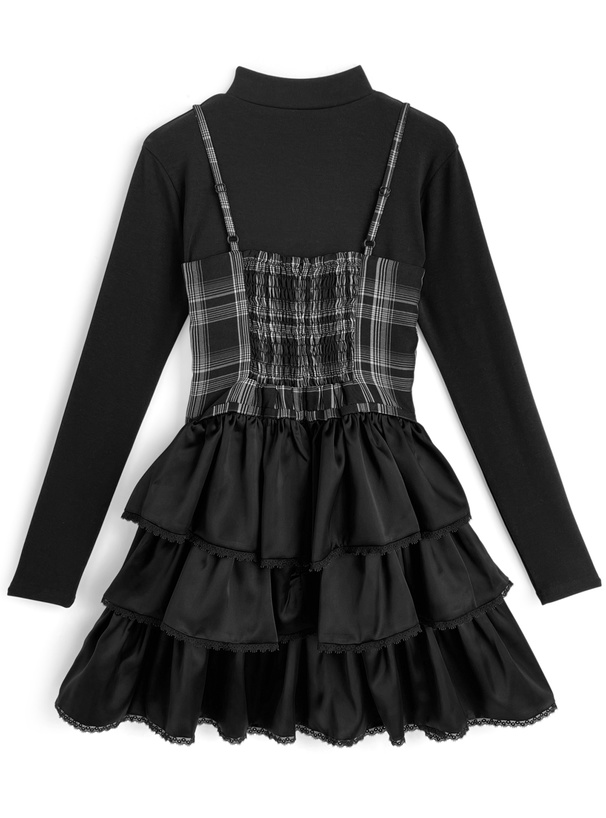 リブニットトップス×チェック柄ティアードキャミワンピースセットアップ