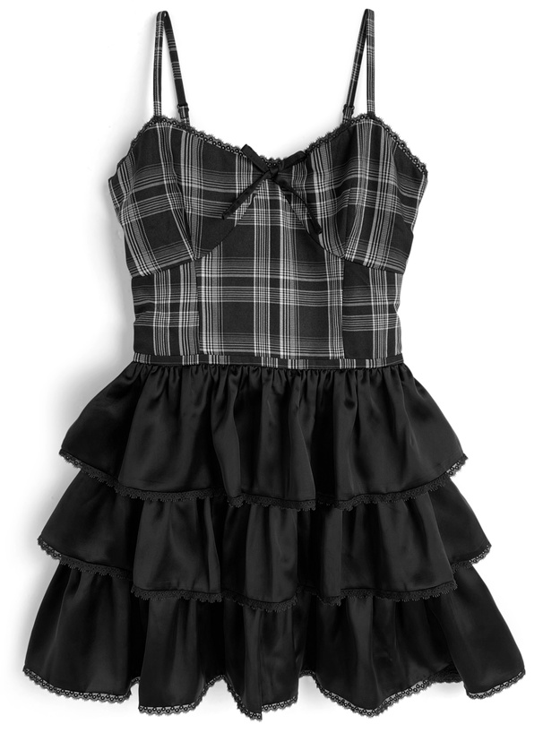 リブニットトップス×チェック柄ティアードキャミワンピースセットアップ