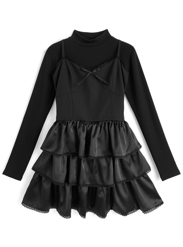 リボンティアードキャミミニワンピースxトップスセットアップ[pm629a]