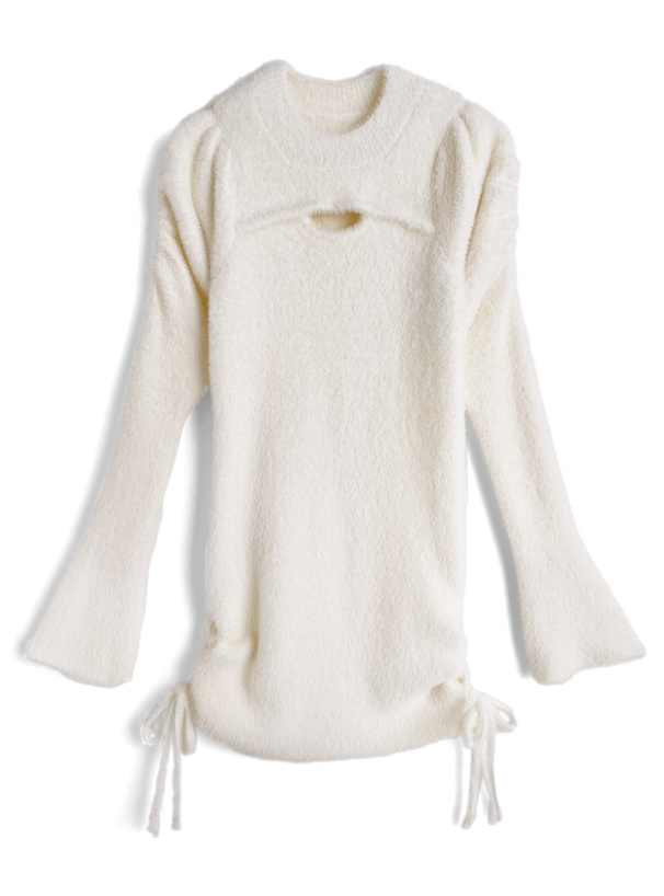 フロントオープン編み上げリボンシャギーニットワンピース