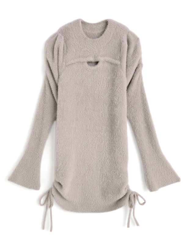 フロントオープン編み上げリボンシャギーニットワンピース