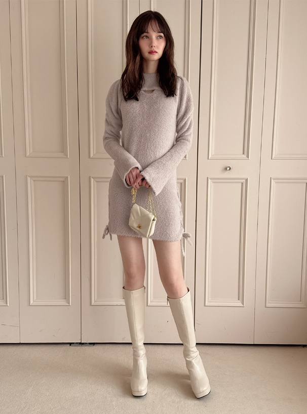 フロントオープン編み上げリボンシャギーニットワンピース