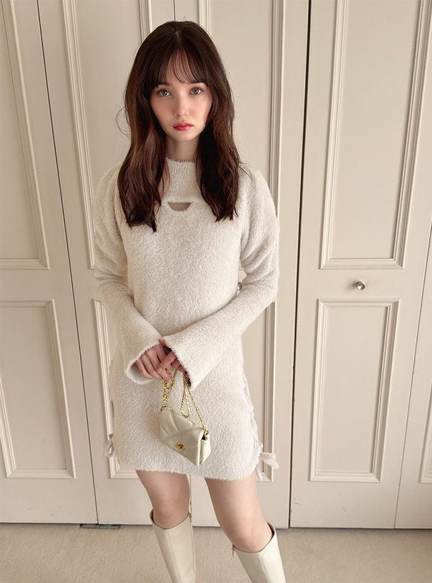 フロントオープン編み上げリボンシャギーニットワンピース